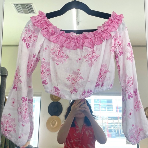 Temptation Positano Rosa Off the Shoulder Crop Top in White Pink - Picture 1 of 2